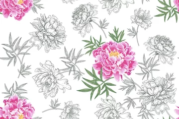 Schilderijen op glas Garden flowers peonies. Seamless floral vector pattern. © marinavorona