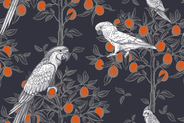 Trees and parrots. Exotic seamless pattern.