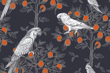 Wall murals Parrot Trees and parrots. Exotic seamless pattern.