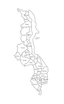 Vector isolated illustration of simplified administrative map of Malawi. Borders and names of the districts (regions). Black line silhouettes