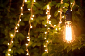 Vintage incandescent bulb and party lights in a garden, summertime party