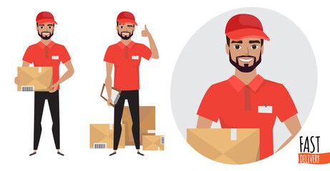 Fast delivery. Vector illustration of courier with a package. Young man with a box in hand