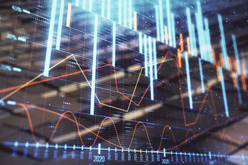 Financial chart hologram with abstract background. Double exposure. Concept of market analysis
