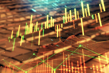 Financial chart hologram with abstract background. Double exposure. Concept of market analysis