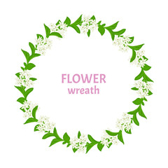 Fototapeta premium Wreath of white flowers with green leaves. Vector illustration of stevia in cartoon simple style. Garland, round frame of medicinal herbs.