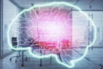 Brain sign hologram with minimalistic cabinet background. Double exposure. Ai concept.