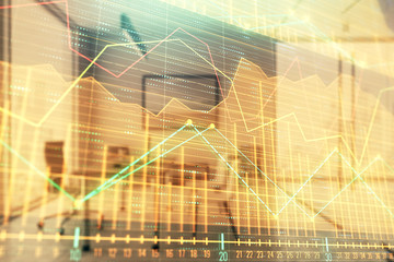 Business theme graph hologram with minimalistic cabinet interior background. Double exposure. Stock market concept.