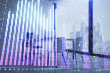 Forex chart hologram with minimalistic cabinet interior background. Double exposure. Stock market concept.