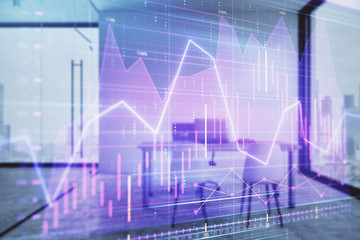 Forex chart hologram with minimalistic cabinet interior background. Double exposure. Stock market concept.