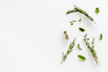 Healing herbs for medicine on white background top view mockup