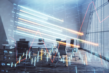 Multi exposure of stock market graph on conference room background. Concept of financial analysis