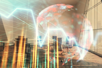Double exposure of stock market graph with globe hologram on conference room background. Concept of international finance