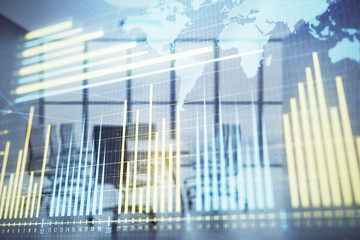 Obraz premium Double exposure of stock market graph with globe hologram on conference room background. Concept of international finance
