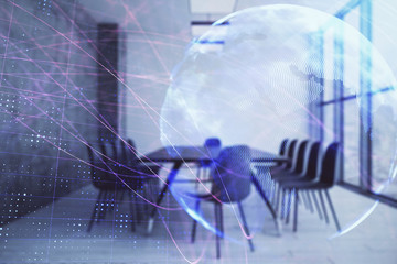 Double exposure of globe hologram on conference room background. Concept of international business
