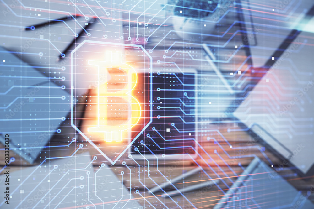 Poster double exposure of bitcoin drawing on digital tablet on the table background. concept of blockchain