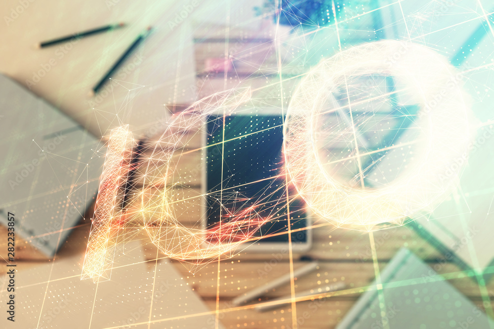 Aufkleber double exposure of bitcoin drawing on digital tablet on the table background. concept of blockchain