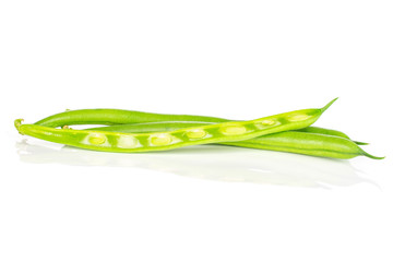 Group of one whole one half of fresh green bean isolated on white background