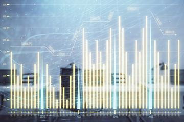 Stock and bond market graph with trading desk bank office interior on background. Multi exposure. Concept of financial analysis