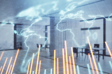 Stock and bond market graph and world map with trading desk bank office interior on background. Multi exposure. Concept of international finance