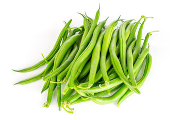 Lot of whole fresh green bean isolated on white background