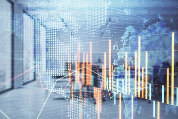 Stock and bond market graph and world map with trading desk bank office interior on background....