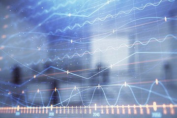 Stock market chart with trading desk bank office interior on background. Double exposure. Concept of financial analysis