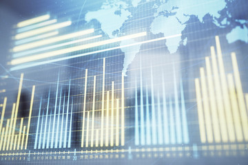 Stock and bond market graph and world map with trading desk bank office interior on background. Multi exposure. Concept of international finance