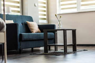 Small wooden table with a cozy sofa in the Living room by the window