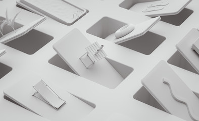 3d image Objects on White Summer beach accessories items Clean swimming pool abstract theme Flip flop display Stylish items pattern