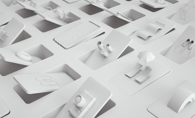 3d image Objects on White Summer beach accessories items Clean swimming pool abstract theme Flip flop display Stylish items pattern