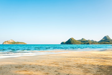 Summer sea beach with Island and copy space for text, sky relaxing concept, beautiful tropical background for travel spring.