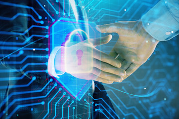 Multi exposure of lock icon drawing on abstract background with two men handshake. Concept of data securitization