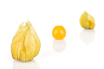 Group of three whole fresh orange physalis one is without husk placed diagonally in line isolated on white background