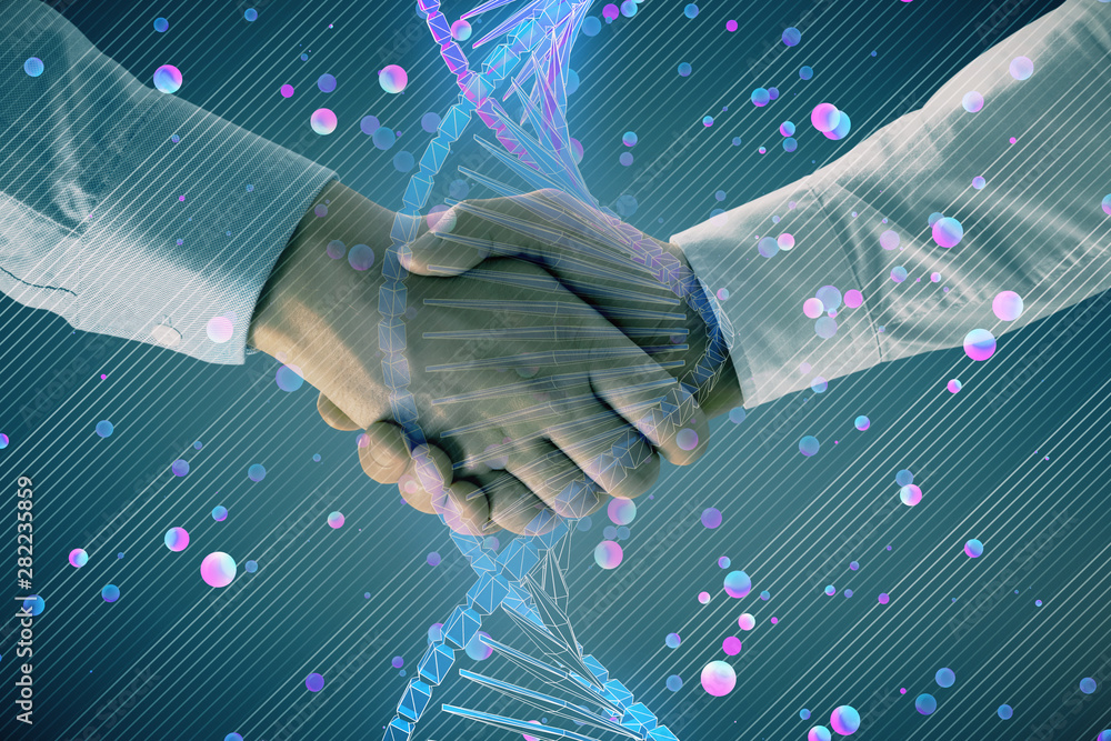 Poster multi exposure of dna hologram on abstract background with two men handshake. concept of bioengineer