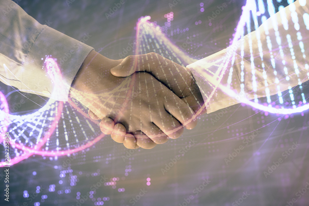 Poster multi exposure of dna hologram on abstract background with two men handshake. concept of bioengineer