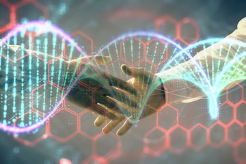 Multi exposure of DNA hologram on abstract background with two men handshake. Concept of...
