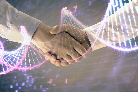 Multi exposure of DNA hologram on abstract background with two men handshake. Concept of bioengineering