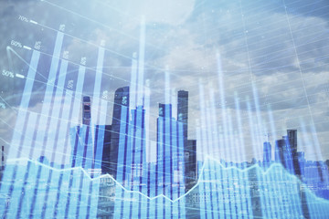 Double exposure of financial graph on downtown veiw background. Concept of stock market research and analysis