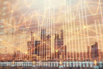 Plakat Double exposure of financial graph on downtown veiw background. Concept of stock market research and analysis