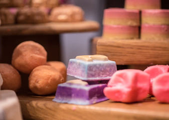 Bright handmade cosmetics on the shop counter