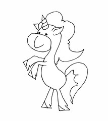 Coloring book for kids - standing on hind legs. Black and white cute cartoon unicorns. Vector illustration.