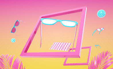 Levitation Objects Items 3d render illustration Summer beach accessories Trendy Abstract scene Geometric idea still life Pink and Orange background gradient with pink Square Frame Sun glasses