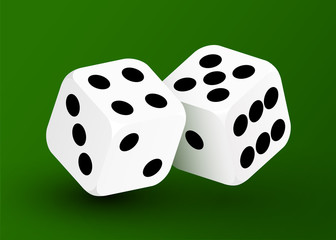 Realistic game dice icon in flight closeup isolated on green background. Casino gambling design template for app, web, infographics, advertising, mockup.