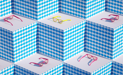 3d Cubes Pattern render Fresh still life holidays illustration Vacations composition Pink and Yellow sun glasses summer objects closeup Bright  Blue wave patterns background 