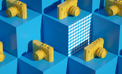 3d Cubes Pattern render Fresh still life holidays illustration Vacations composition Yellow Photo camera summer objects closeup Blue background with wave patterns