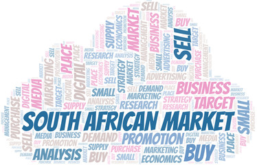 Obraz premium South African Market word cloud. Vector made with text only.