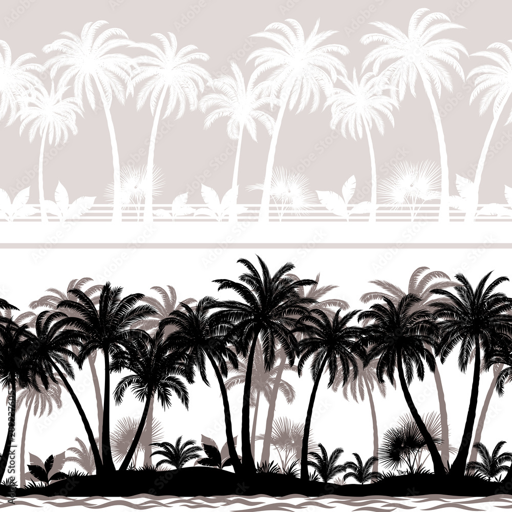 Poster horizontal seamless patterns, summer tropical forest, tile landscapes with exotic palms trees and gr