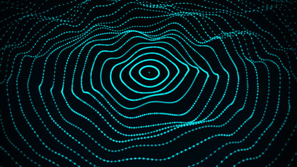Abstract wave dots in dark background. Data technology background. 3d rendering.