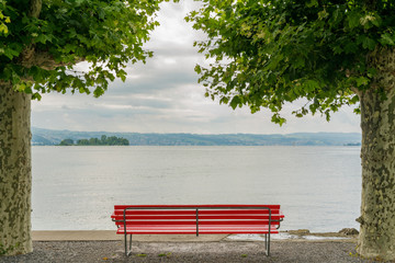 Naklejka na ściany i meble red park bench on a lake shore with a fantastic view and framed by London plane trees
