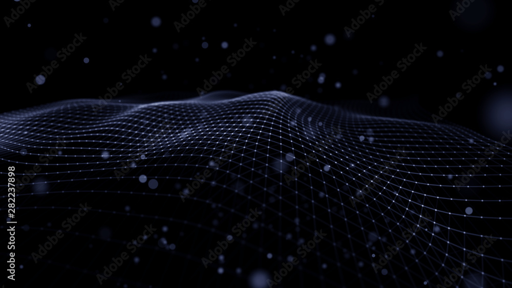 Poster wave 3d. abstract wave dots in dark background. data technology background.